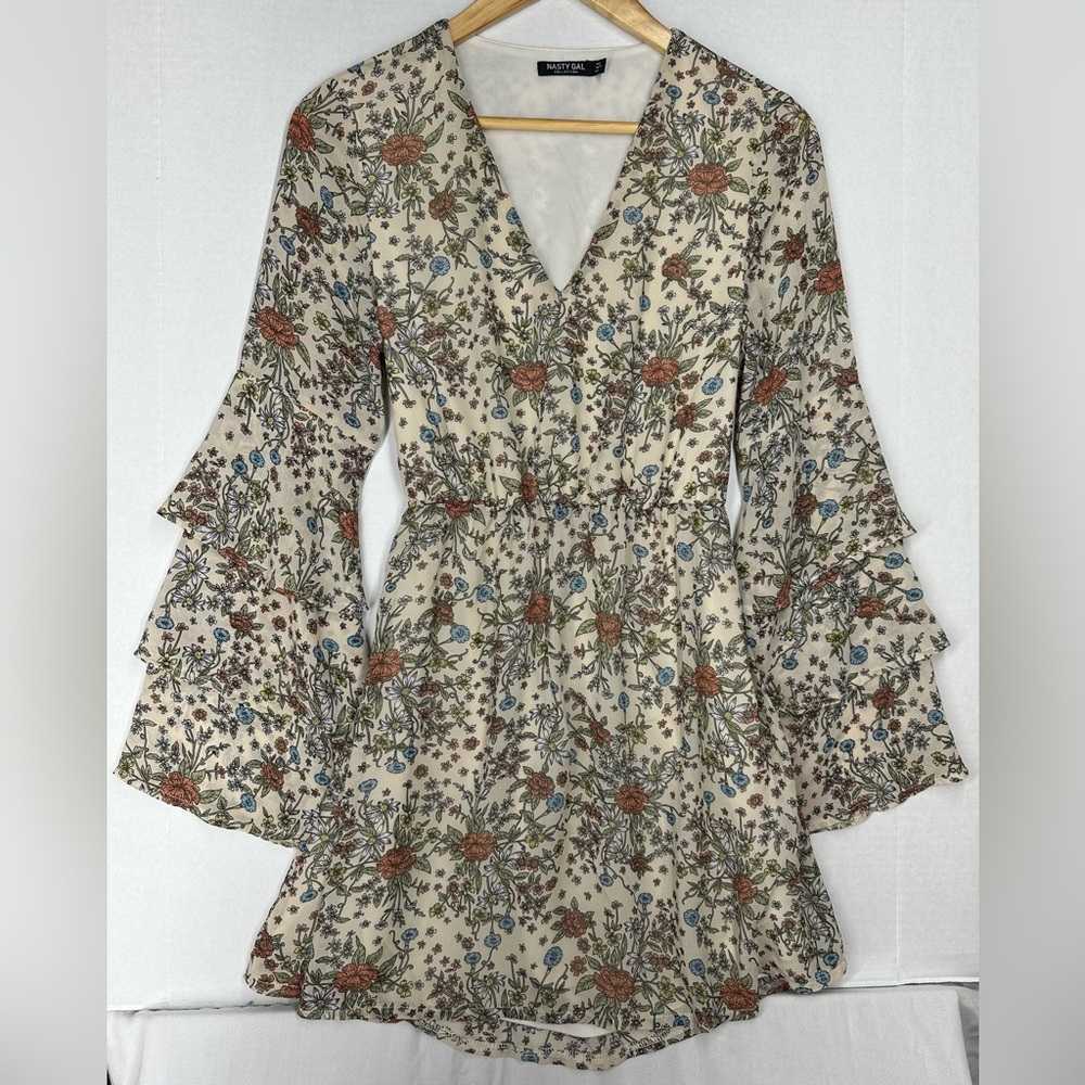 Nasty Gal Floral Long Sleeve Dress - Cream, Red, Blue